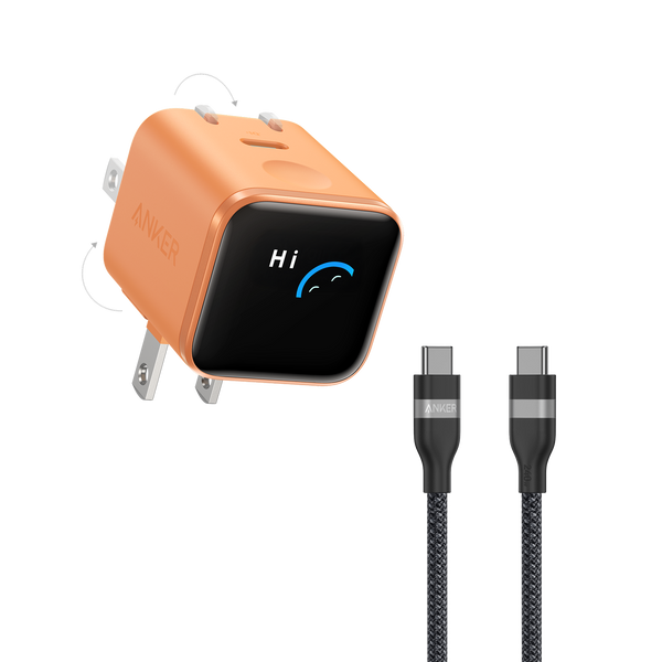 Anker Nano Charger (45W, Smart Display, 180° Foldable) and USB-C to USB-C Cable